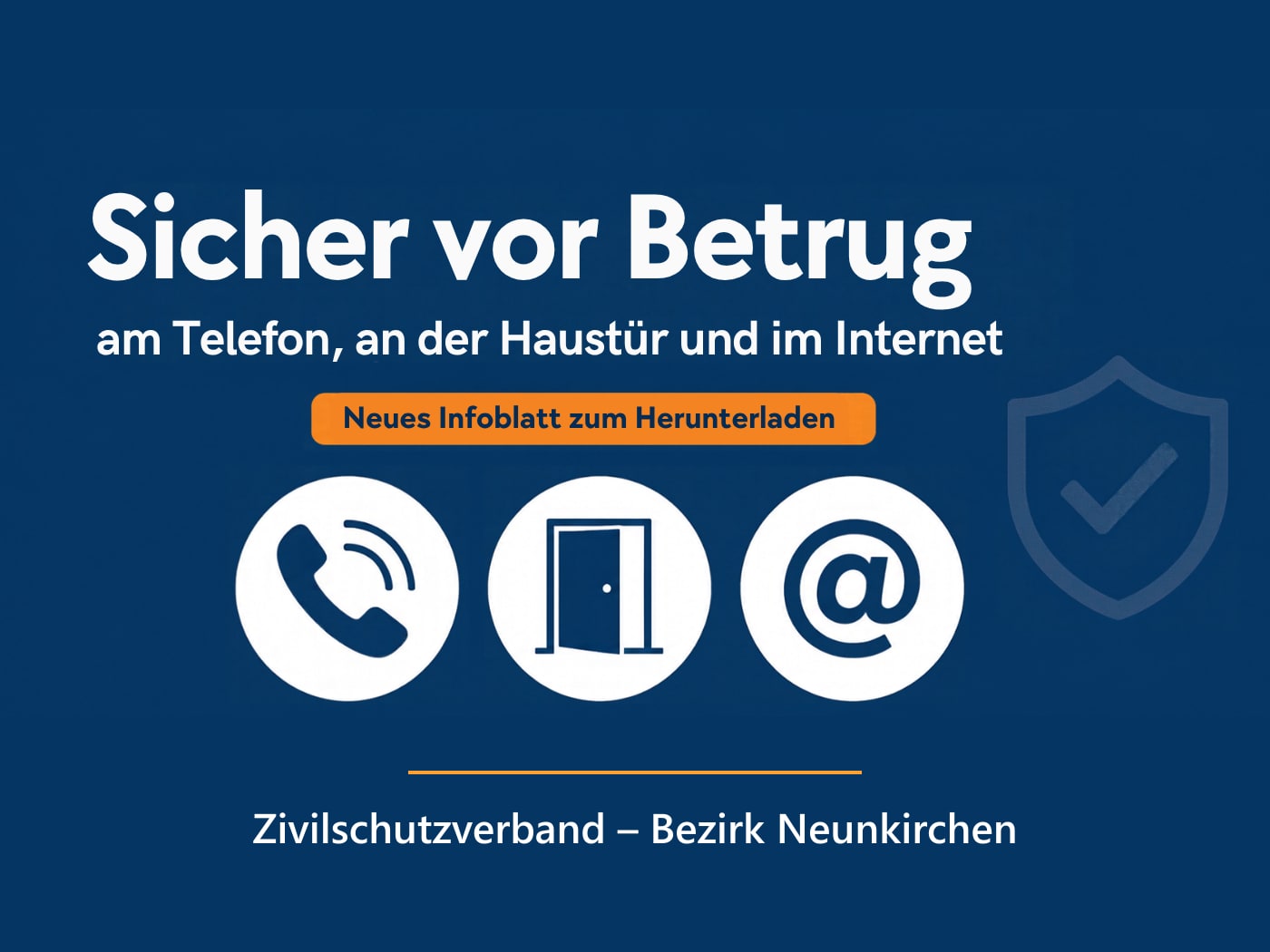 Titelgrafik „Sicher vor Betrug – am Telefon, an der Haustür und im Internet“ mit Symbolen für Telefon, Haustür und Internet