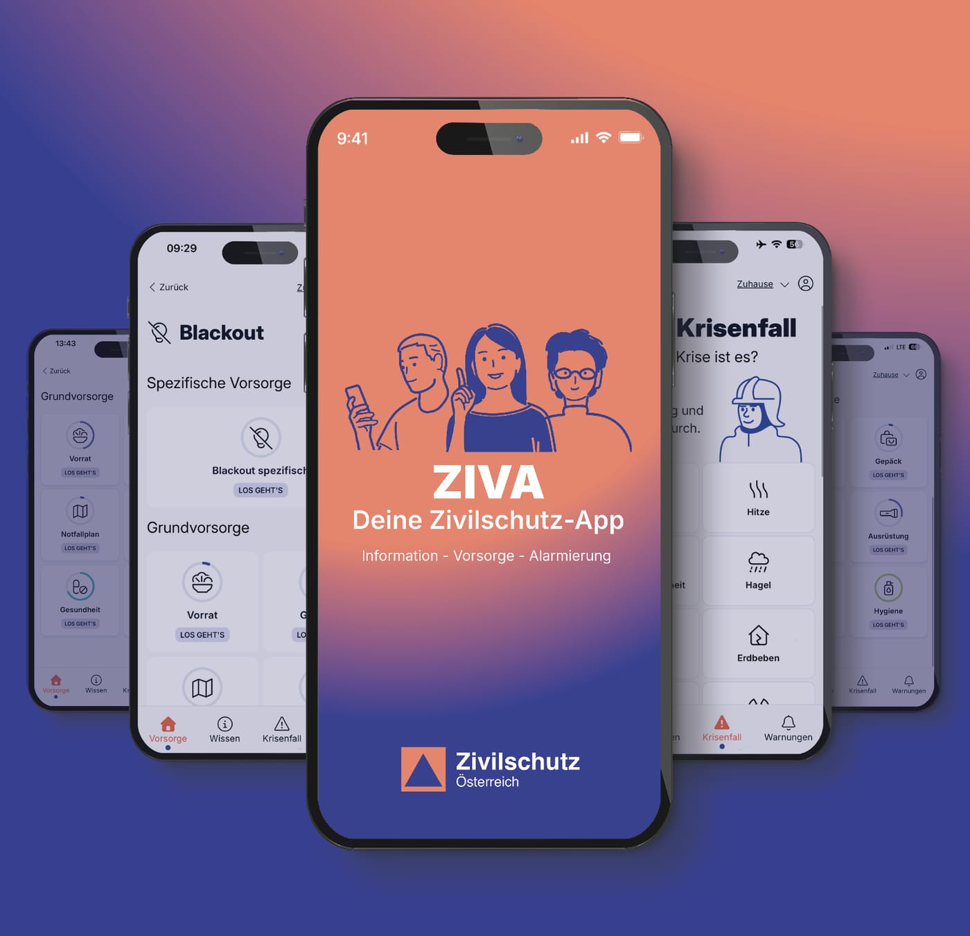 Mehrere Smartphones zeigen Bildschirme der ZIVA-App: Grundvorsorge mit Vorrat, Notfallplan und Gesundheit, spezifische Vorsorge für Blackout, der Startbildschirm sowie die Krisenfall-Übersicht mit Hitze, Hagel und Erdbeben