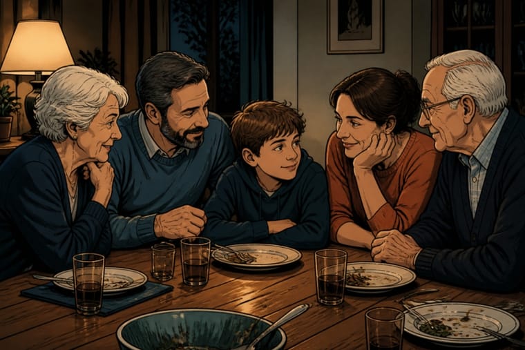 Comic-Zeichnung: Drei Generationen einer Familie sitzen nach dem Essen am Tisch beisammen und reden vertraut miteinander