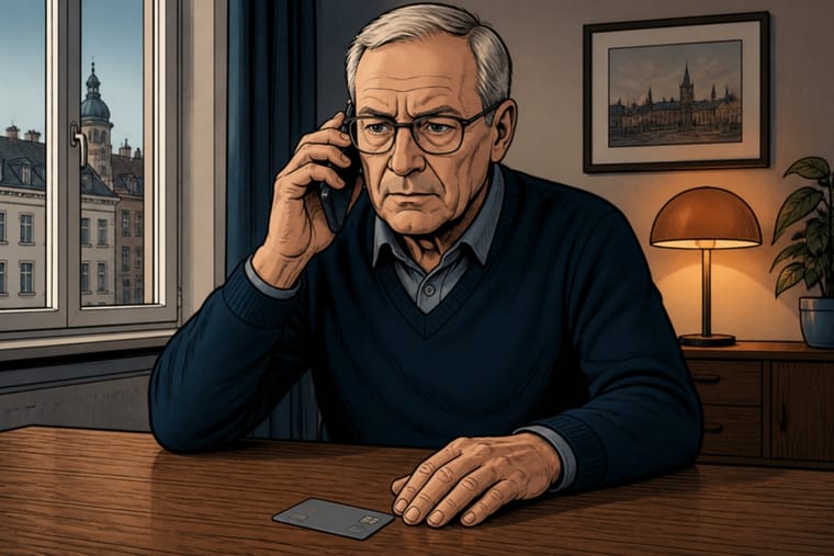Comic-Zeichnung: Älterer Mann sitzt am Tisch und telefoniert entschlossen, vor ihm liegt eine Bankkarte