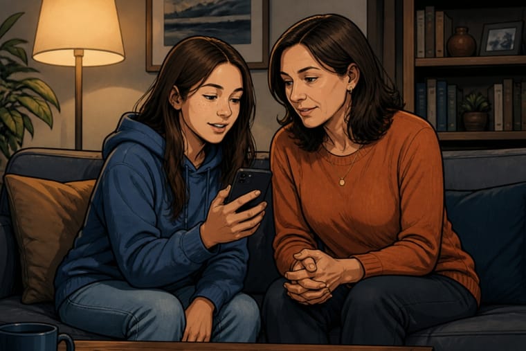 Comic-Zeichnung: Mutter und Tochter sitzen auf dem Sofa, die Tochter zeigt ihrer Mutter etwas auf dem Handy
