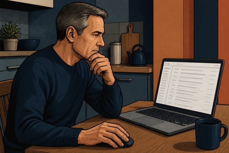 Comic-Zeichnung: Mann am Küchentisch sieht prüfend auf die E-Mails in seinem Laptop, die Hand auf der Maus, ohne zu klicken