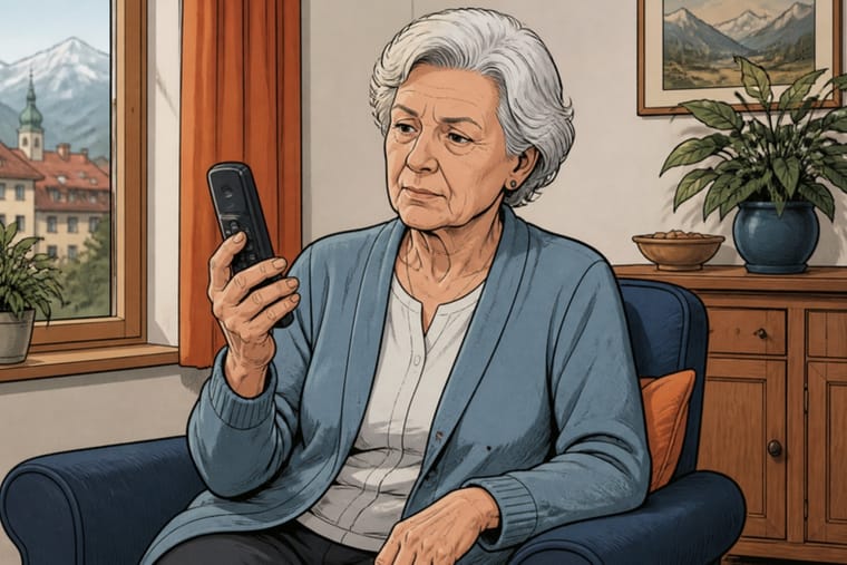 Comic-Zeichnung: Ältere Frau im Lehnstuhl hält das Telefon in der Hand und überlegt, bevor sie reagiert